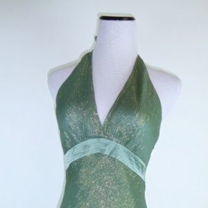 Bcbg MazAzria green gold silk halter party dress 4 shimmer low back